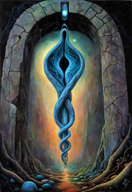 Phallus, vagina, monolith, alchemy, twisting vines, DNA helix, binary code, galaxy, cosmic serpent, glowing archway, veil