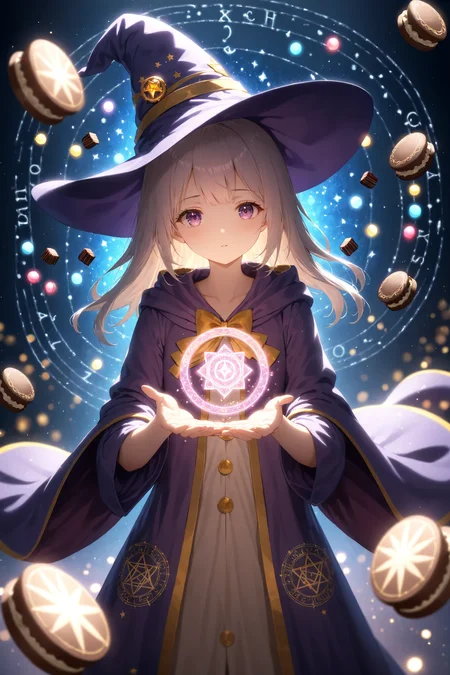 1girl, solo, wizard hat, robe, floating chocolates, magic, spelling, magic circle, light particles, dark room, fantasy, Bokeh, depth of field, soft lighting, masterpiece, best quality