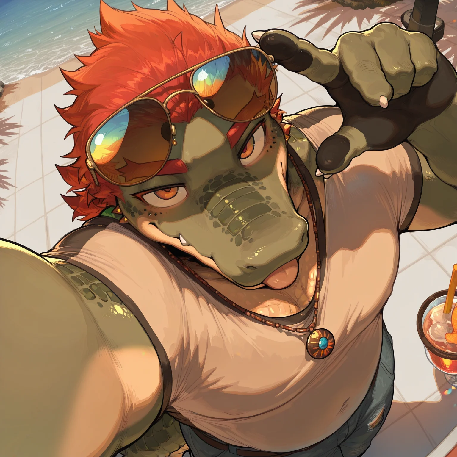 solo, bara, muscular,mature,male focus, furry, anthro,crocodilian,gesture,tongue out,sunglasses,piercing,(detailed face),(detailed eyes),sharp focus,selfie,high-angle view,masterpiece,best quality,amazing quality,