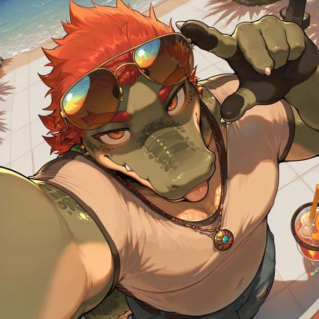 solo, bara, muscular,mature,male focus, furry, anthro,crocodilian,gesture,tongue out,sunglasses,piercing,(detailed face),(detailed eyes),sharp focus,selfie,high-angle view,masterpiece,best quality,amazing quality,