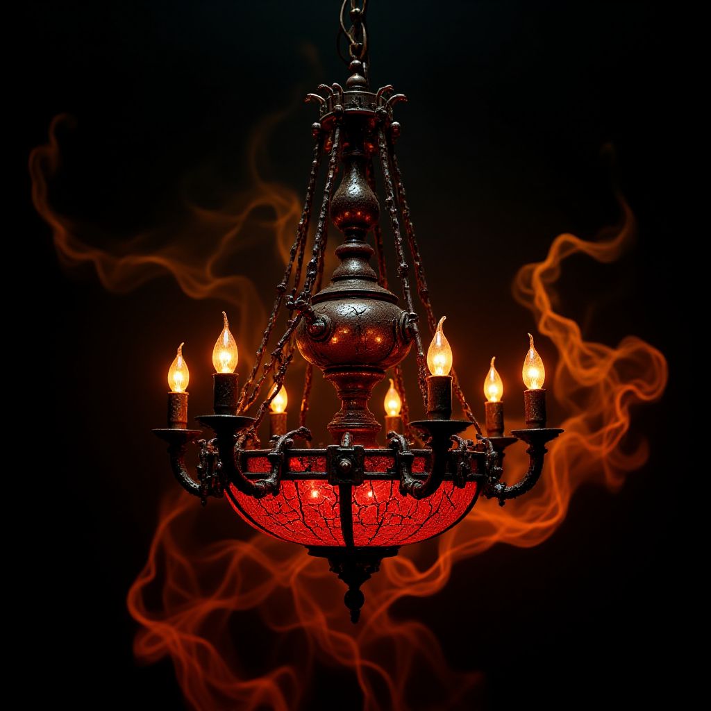 A fine art photograph of an elaborate industrial art Halloween chandelier made of polished steel with many tiny red cracks. The piece has obviously been made by a skilled craftsman, with finely detailed textures and surfaces. It is obviously old, with worn parts and a patina of grime.  A phosphorescent glow emanates from it, illuminating the surrounding area. Wisps of glowing orange fog roil in the background. The overall feel of the image is Magical Realism. <lora:BlackColor:0.6> <lora:Magical_Glow_Flux:0.6> <lora:Green_Cracks_on_Black_Flux:0.6>