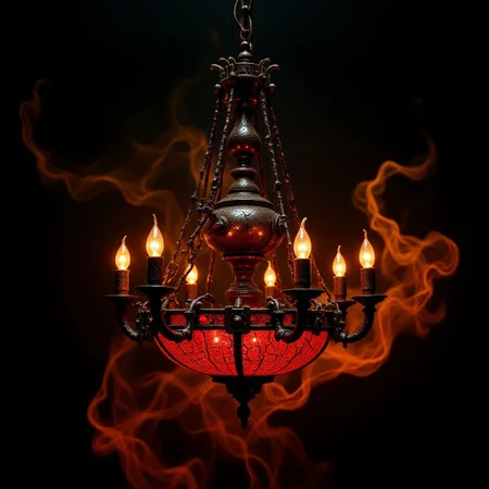 A fine art photograph of an elaborate industrial art Halloween chandelier made of polished steel with many tiny red cracks. The piece has obviously been made by a skilled craftsman, with finely detailed textures and surfaces. It is obviously old, with worn parts and a patina of grime.  A phosphorescent glow emanates from it, illuminating the surrounding area. Wisps of glowing orange fog roil in the background. The overall feel of the image is Magical Realism. <lora:BlackColor:0.6> <lora:Magical_Glow_Flux:0.6> <lora:Green_Cracks_on_Black_Flux:0.6>