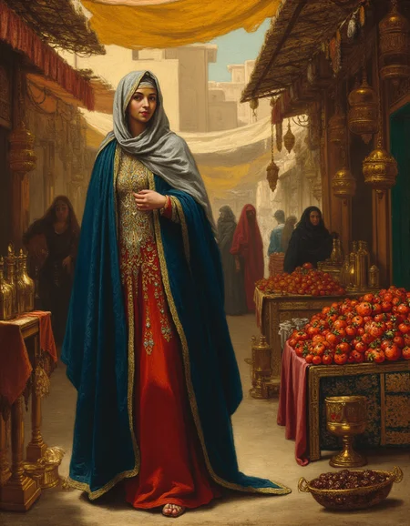 ,  <lora:Flux_-_Renaissance_art_style:1>
In a mesmerizing orientalist oil painting, an Arabic woman, draped in flowing layers of midnight-blue and deep crimson fabric, moves gracefully through the bustling heart of a Middle Eastern bazaar. Her garments, adorned with delicate gold embroidery and fine silver thread, cascade in soft folds around her, concealing her form beneath the richness of layered textiles. Only her mysterious, kohl-lined eyes are visibleâdark, piercing, and filled with quiet intensityâpeering out from behind an ornately embroidered niqab that shimmers under the warm sunlight.
The marketplace around her is alive with movement and color. Stalls overflow with vibrant silks, glistening spices, and handcrafted brass lanterns, their intricate patterns casting flickering shadows on the dusty cobblestone streets. Merchants call out their waresâfragrant saffron, sweet dates, delicate glass perfume bottles filled with rose and oudâas the air hums with the sounds of bargaining voices, the distant strumming of an oud, and the rhythmic clang of a blacksmith forging metal.
A golden light bathes the scene, the midday sun filtering through canopies of woven reed mats, casting dappled patterns across the woman's veil and the ancient sandstone buildings that tower over the bazaar. The scent of freshly baked flatbread, spiced lamb, and jasmine incense mingles in the air, painting an intoxicating picture of life in the marketplace.
As she moves through the crowd, the hem of her embroidered cloak skims the ground, brushing past a tray of glistening pomegranates and a merchant arranging bejeweled daggers on a velvet cloth. The shimmer of gold bangles on her wrist is barely visible beneath the folds of fabric, a subtle hint of her status.
Her expression remains unreadable, but her eyesâfilled with untold storiesâcapture the spirit of a world where tradition, mystery, and beauty intertwine in the golden heart of the Middle East.