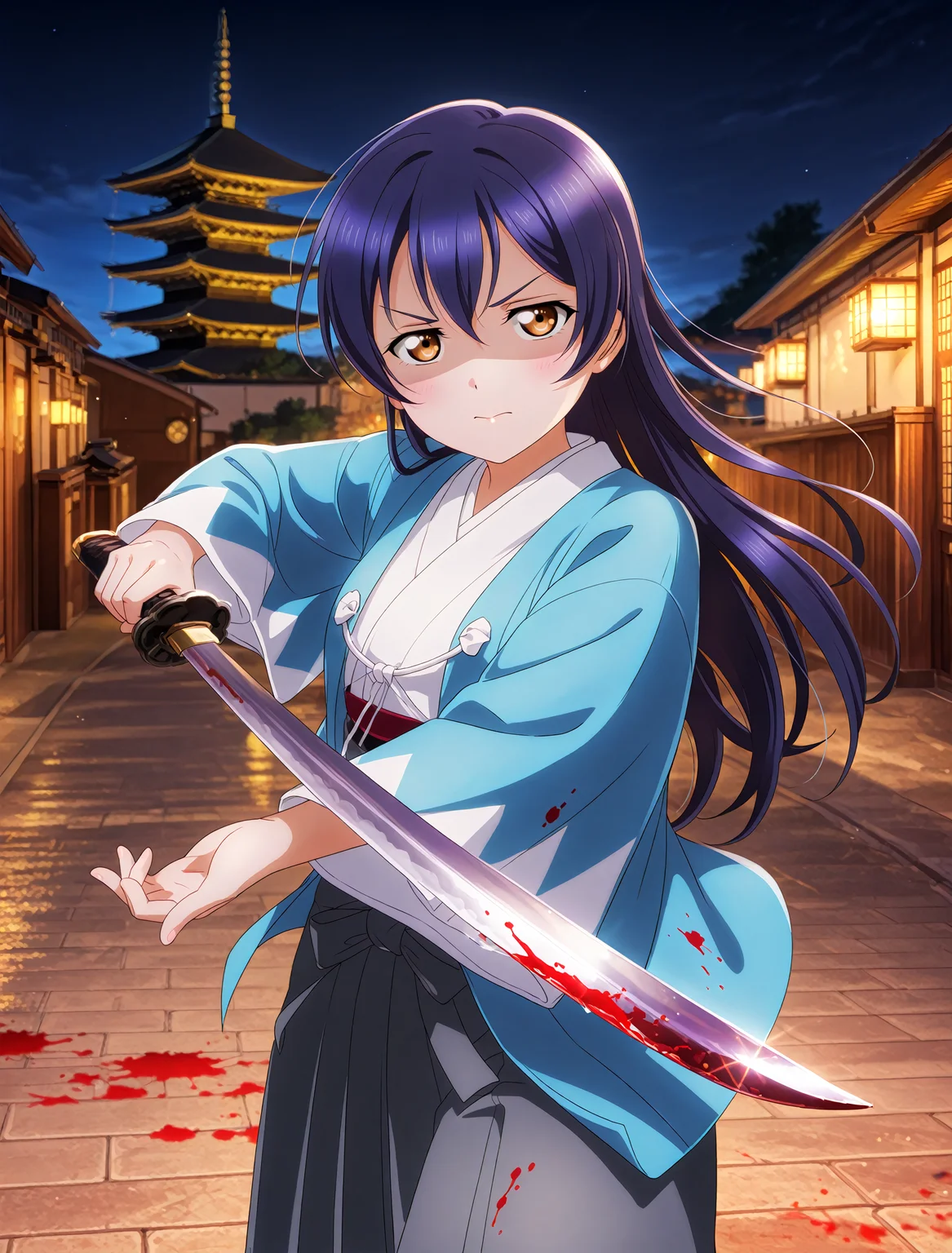 <lora:Koto-Umi-Riko-Shizu-Setsu-LLAS-IllustriousXLV01-V1:1> <lora:sdxl-boldline:-1.5>
<lora:Yasakanoto-IllustriousXLV01-V1:1> <lora:impaling:1:lbw=MIDD:stop=14>
(llas:1.4), (masterpiece, very aesthetic, absurdres:1.4), best quality, newest, perfect anatomy, perfect lighting, anime coloring BREAK
(depth of field, blurry background:1.3) BREAK
1girl, solo, looking at viewer, cowboy shot BREAK
(sonoda umi), (okita souji \(fate\) cosplay:0.9), shinsengumi, blue haori, grey hakama skirt BREAK
(impaling:1.3), katana, holding sword BREAK
big pupils, (detailed eyes:1.2), large breasts, serious, angry, v-shaped eyebrows, (shaded face:1.2) BREAK
(yasaka pagoda, hokanji temple, kyotogion road), pavement, night, dark sky, blood on ground, blood splatterâââ