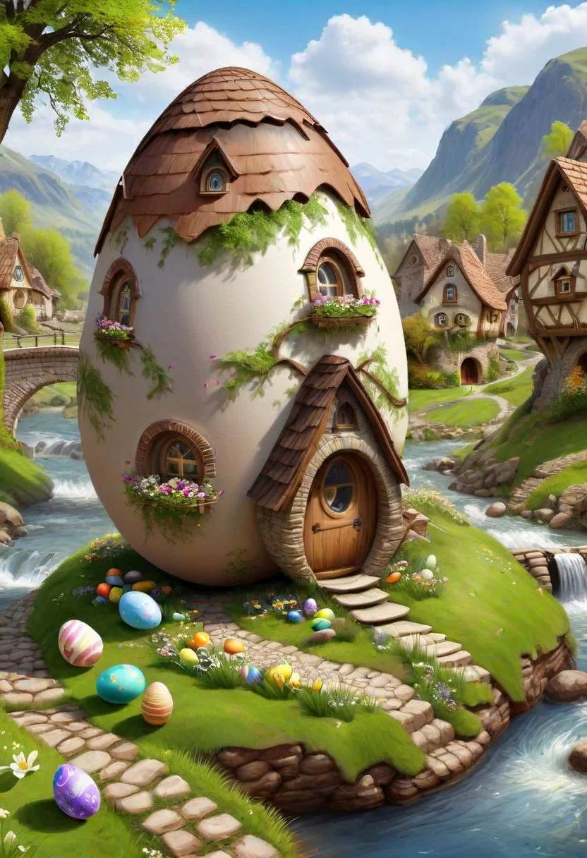 ((masterpiece, best quality)), high resolution, 32k picture, professional render, trending on artstation,
Easter Egg Home, outdoors, nature, flower, window, grass, door, village, a village of egg houses near a babbling brook, waterfall, bridge,
