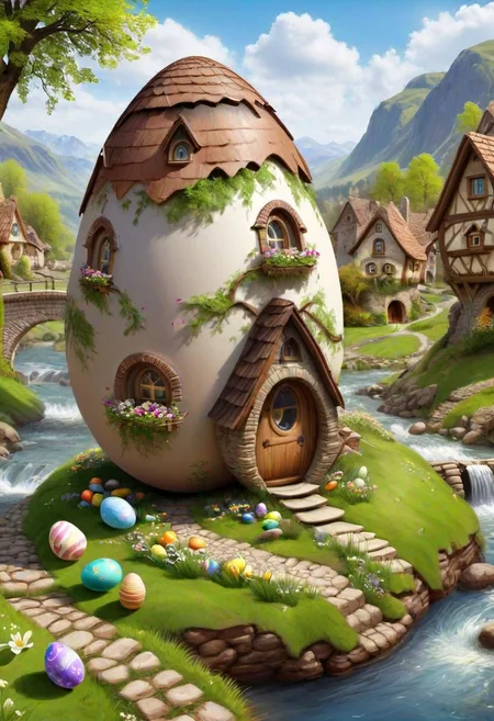 ((masterpiece, best quality)), high resolution, 32k picture, professional render, trending on artstation, 
Easter Egg Home, outdoors, nature, flower, window, grass, door,  village, a village of egg houses near a babbling brook, waterfall, bridge,