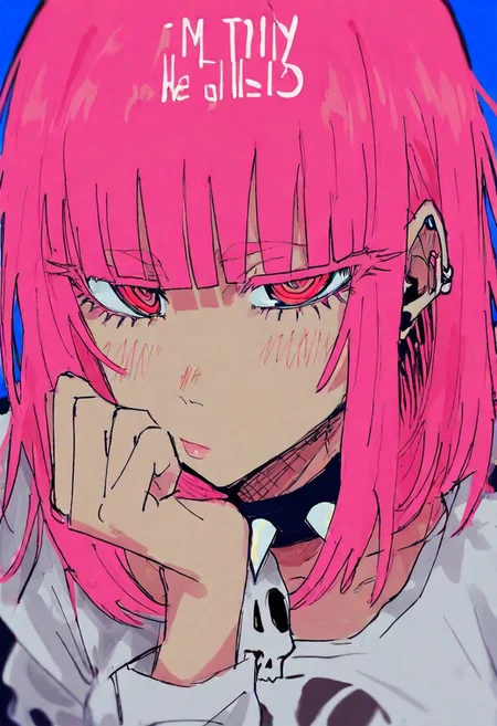 masterpiece,  best quality, newest, highres, absurdres, <lora:wamiarts_style-000018:1>,wamiarts_illu,dynamic pose, spikes, masterpiece, best quality, newest, absurdres, highres, very awa, anime screencap, film grain, limited palette, ambient occlusion, depth of field, simple background, ZWF0, eye focus,golden colored eye, painting \(medium\), sexy, slutty, hot, aroused, 
, eye focus,ambient occlusion, depth of field, traditional media, 1girl, skull, monochrome, looking at viewer, medium hair, head rest, simple background, fingernails, solo, closed mouth, shirt, print shirt, blunt bangs, greyscale, makeup, hand on own chin, pants, skull print, sketch, skeleton, nose, expressionless, long sleeves, sanpaku, lips, nail polish, spiked collar, spiked choker, simple background, blue background, double bunt00ru, thick eyelashes, , messy hair, multicolored hair, pink hair, colored eyelashes, , upper body, collar,  jewelry, closed mouth, blush, short hair, piercing,dark_theme,foreshortening, depth of field,abstract background, english text,