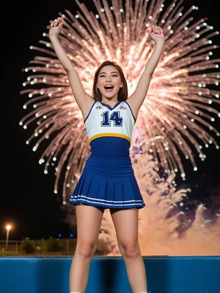 Analog photo of Nellie_LaPlace_P_MXAI_SDXL jumping into the air, wearing a cheerleader uniform, happy expression, god rays, fireworks in the background, action shot, dutch angle shot