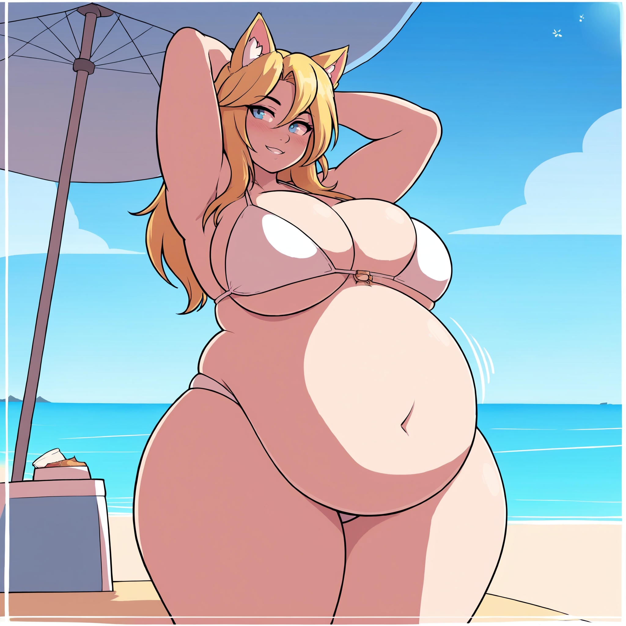 (masterpiece), best quality, (highly detailed), score_9, score_8_up, score_7_up, score_6_up, score_5_up, 1female, solo, <lora:Takano_style:0.8>, beach, fat, huge belly, big breasts, cat ears, bikini, blonde hair, blue eyes,