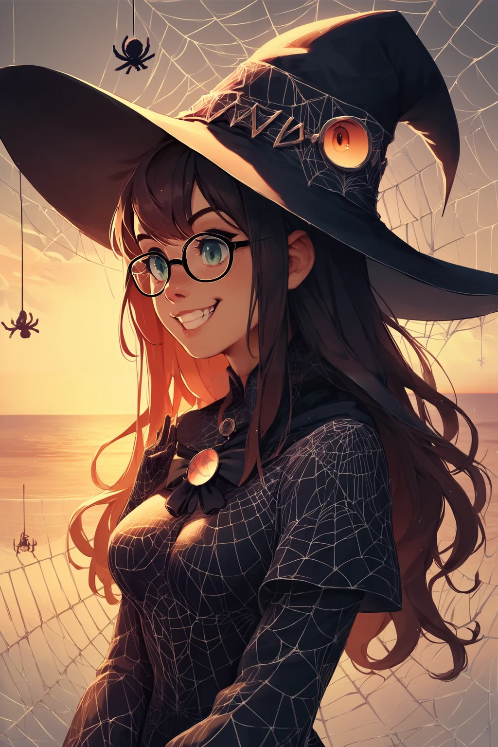 score_9, score_8_up, score_7_up, score_6_up, score_5_up, score_4_up, web, spider web,   1girl, solo, portrait, witch hat,   medium breasts, tiny, long hair, straight hair, glasses,  grin,  sunset, <lora:test\allcobwebby.safetensors:1:1>