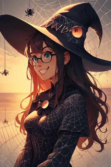 score_9, score_8_up, score_7_up, score_6_up, score_5_up, score_4_up, web, spider web, 1girl, solo, portrait, witch hat, medium breasts, tiny, long hair, straight hair, glasses, grin, sunset, <lora:test\allcobwebby.safetensors:1:1>