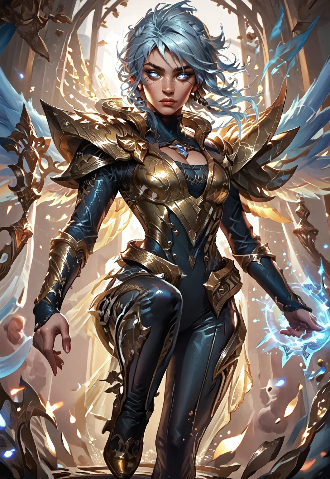 ((zPDXL3)), ((masterpiece,best quality, highly detailed)), ((score_9)), score_8_up, score_7_up, score_6_up, score_5_up, score_4_up, ((EnhanceImage)), L0LSPL4SH, year2024, year2023, West Studio, sixmorevodka, solo, DBRiven, silver hair, golden armor, black bodysuit, bodysuit, golden shoulder armor, sidebraid, silver eyes, cleavage, short hair, gold shoes, heels, wings, angel wings, blue hand, sword, Expressiveh, tanned-skin, 30yo, adult lustful confident woman, petite, slender body, perky saggy natural breasts, full lips, bangs, sidelocks, straps,
chinese magical sorceress, animated, swirling magic, wisps of magic, dancing pose, tight squeezed outfit, magical accessories, evoking motion, conveying motion, dynamic splash art
<lora:PainterlyFantasiaPDXL:0.6>