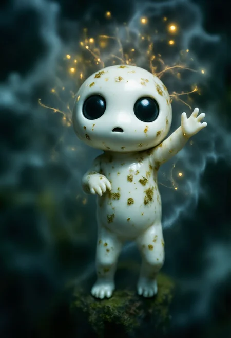 Studio Ghibli Dark Fairytale, moody ethdysty, fantastical, ethereal aesthetic. The image is a high-resolution macro photograph of a small, Ghibli-inspired Kodama forest spirit, showcasing intricate details of its tiny, otherworldly body. The Kodama has a smooth, desaturated white surface with faint, faded markings that give it an aged, ghost-like appearance. Its large, hollow black eyes are glossy and reflective, hinting at a silent wisdom. The delicate limbs and subtle textures, almost translucent, catch the ambient light in a soft glow. Fine, mist-like particles drift around it, adding to its eerie, serene presence. Cracks and tiny mossy growths adorn parts of its body, as if it's partially formed from the forest itself. The background is blurred, filled with diffused forest light and glowing spores, creating a dreamlike depth that makes the Kodama appear to hover silently in a realm between life and spirit.