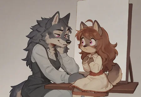 chibi
Art by Phallusbro[STYLE], Phallusbro[STYLE], furry, furry art, Cartoony, Cartoon like, cutesy style,
csr style, fcNeg, updn,
NEGATIVE_HANDS, 

HD, digital painting, painting, digital art, digital media (artwork), hi res, (uploaded on e621:1.1), best quality, highly detailed, intricate details, extremely detailed, perfect hands, negative_hand, detailed, clean lines, Shaded, painted,
game CG, official art, score_9, score_8_up, score_7_up, score_6_up, score_5_up, score_4_up. 
yuri, animalistic features,
2 girls, duo, wolf anthro, grey fur, grey body, fluffy tail, wolf tail, pink eyes, long hair ,tan body, brown fur, brown body. clothed. dress, 1 short, 1 tall, standing, sitting,