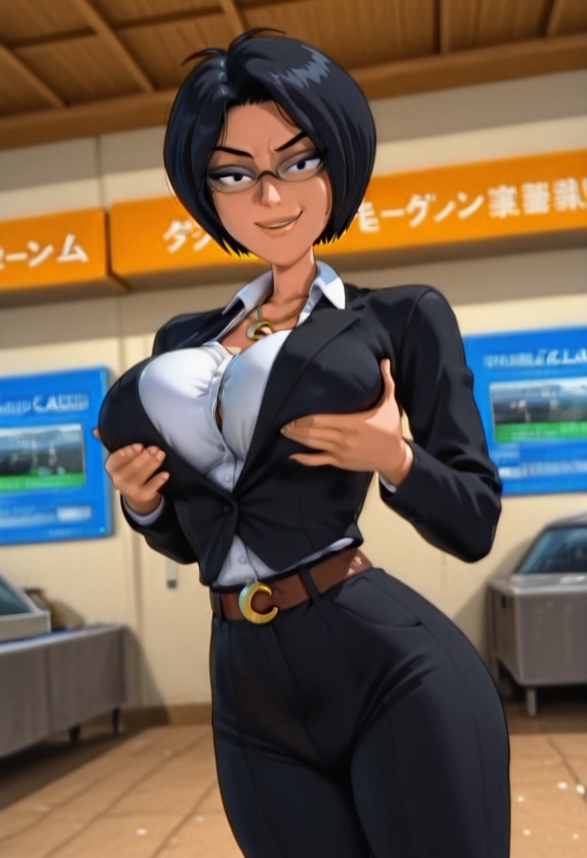ChaseLB, 1girl, solo, short hair, black hair, bangs, black eyes,  full lips, large breast, large butt, thick thighs, glasses, necklace with crescent, formal suit, black jacket, white shirt, belt with crescent, black pants,
,seductive pose, sexy pose, tease, 
masterpiece, best quality, fine details, intricate details, depth of field, subsurface scattering, bokeh,
 ultra-detailed, very aesthetic, detailed background, newest, scenery, highres, absurdres, colorful, vibrant, glowing, perfect face, 2d, perfect eyes,  vibrant saturated colors, volumetric lighting, sharp, detailed eyes, perfect anatomy,  perfect face, perfect eyes, mature body, clear eyes, beautiful eyes, athletic, curvy body, athletic girl, perky tits, perfect tits, round breasts, pinup pose, teasing, lustful expression, perfect hands, 
muscular female, dutch angle,  dynamic pose,
naughty smile,  market,, closeup, , large breasts, (lifting breasts:2), plum breasts, cowboy shot
,Smooth Negative, Smooth_Quality,
90s_anime_aesthetic, 1990s (style), retro, retro artstyle