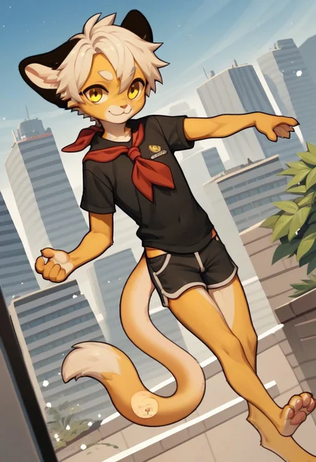 solo, furry, anthro, mikus, 1boy, solo, paws, boy, petite boy, slim boy, small boy, (white hair, dark yellow eyes, yellow fur, dotted eyebrows, small eyebrows, white eyebrows, white fur, yellow paws, (tail tip black:1.8), black ears), Soviet schoolgirl uniform, frilled apron, red neckerchief, score_8_up, score_7_up, score_6_up, score_5_up, score_4_up, outdoors, cityscape, dutch angle, random pose, spontaneous pose, random view, view from different angles, shorts, chibi, smile, slim tail