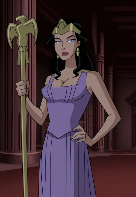 safe_pos, safe_pos, masterpiece, best quality, high quality, detailed, absurdres, detailed face, beautiful face,
dcaustyle,
Hippolyta, 1girl, solo, blue eyes, black hair, large breasts, crown, earrings, tiara, staff, standing, cleavage, looking at viewer, hand on own hip, 
Purple dress, temple interior, <lora:dcau234-illu3_r1:1>