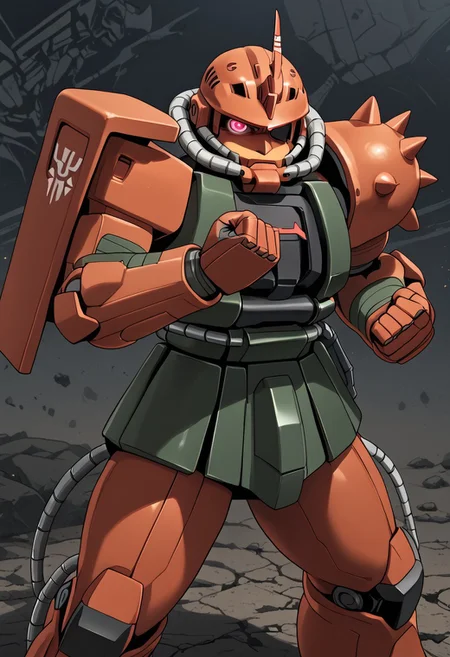 score_9, score_8_up, score_7_up, source_anime, cowboy shot, side view, BREAK, ( garma_zaku, only one eye, (one eye:1.5), pink monoeye, head tilted down, looking at viewer, monoeye glow, metallic heathawk, clenching fist, monochrome background, sinister pose, ) 1mech, mech focus, solo, BREAK, box art style, rock formations,