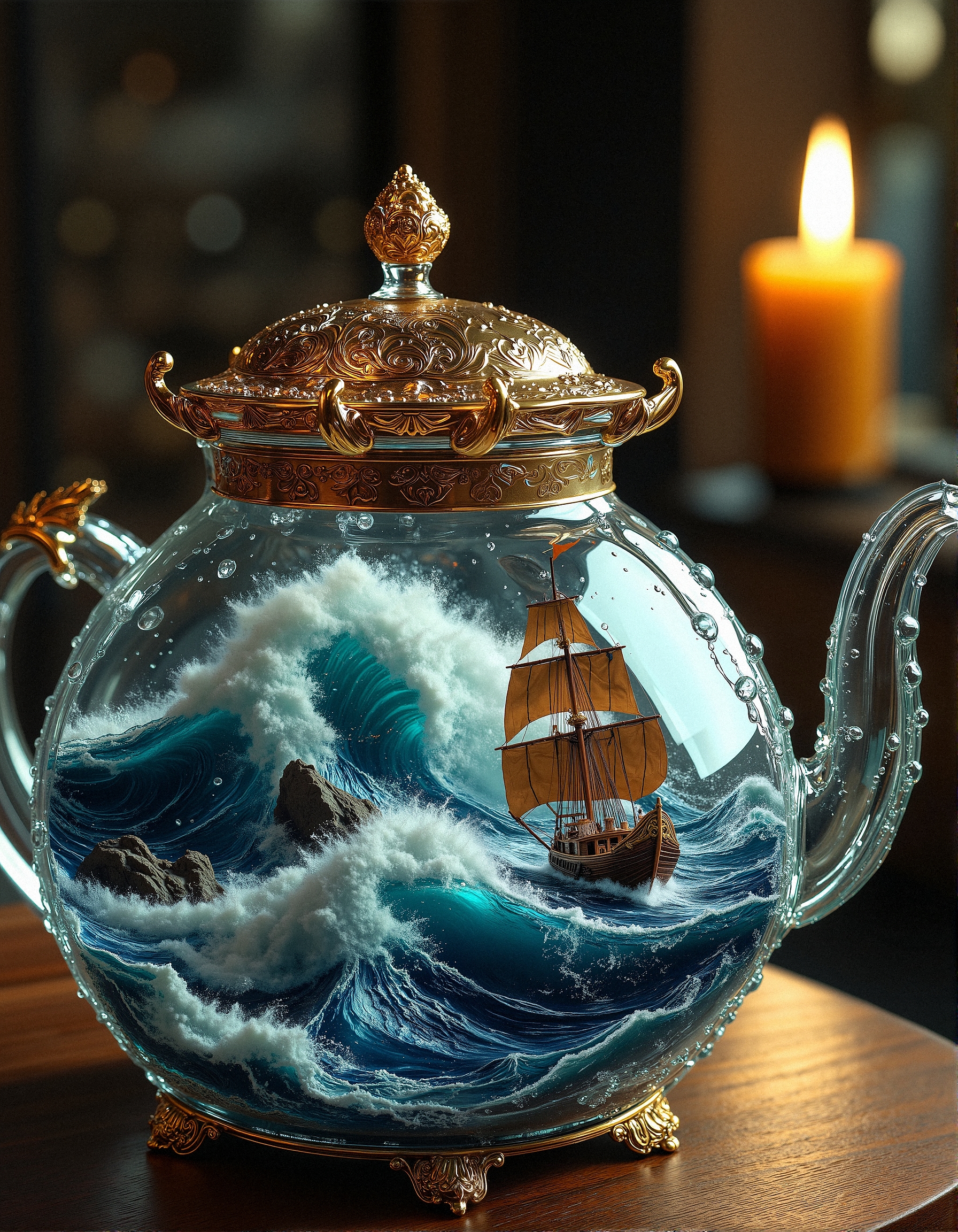 surreal, hyper-detailed, aidmamj6.1, 
A surreal and intricately designed glass teapot containing a self-contained tempest, where a legendary wooden ship battles against towering waves frozen in time. The ocean’s surface is a masterful interplay of cerulean blues and foamy whites, captured in exquisite motion as it collides with jagged rocks emerging from the depths. Each wooden plank of the vessel is rendered with hyperrealistic precision, its billowing sails straining against the unseen force of a miniature storm. The ornate golden lid of the teapot glistens under the dim candlelight of a mystical setting, as condensation trickles down its pristine surface, blurring the line between reality and illusion. The entire composition radiates a timeless elegance, evoking a sense of adventure and artistry in a single suspended moment.
 <lora:aidmaMJ6.1-FLUX-v0.5:0.7000000000000001> <lora:FluxDFaeTasticDetails:0.3>