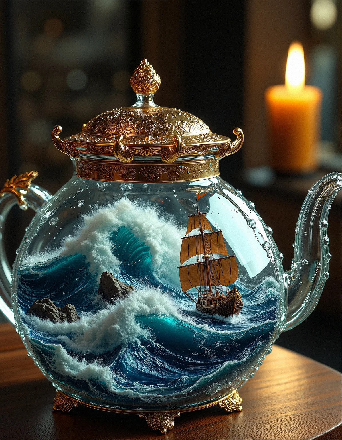 surreal, hyper-detailed, aidmamj6.1,
A surreal and intricately designed glass teapot containing a self-contained tempest, where a legendary wooden ship battles against towering waves frozen in time. The ocean’s surface is a masterful interplay of cerulean blues and foamy whites, captured in exquisite motion as it collides with jagged rocks emerging from the depths. Each wooden plank of the vessel is rendered with hyperrealistic precision, its billowing sails straining against the unseen force of a miniature storm. The ornate golden lid of the teapot glistens under the dim candlelight of a mystical setting, as condensation trickles down its pristine surface, blurring the line between reality and illusion. The entire composition radiates a timeless elegance, evoking a sense of adventure and artistry in a single suspended moment.
<lora:aidmaMJ6.1-FLUX-v0.5:0.7000000000000001> <lora:FluxDFaeTasticDetails:0.3>