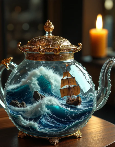 surreal, hyper-detailed, aidmamj6.1, 
A surreal and intricately designed glass teapot containing a self-contained tempest, where a legendary wooden ship battles against towering waves frozen in time. The ocean’s surface is a masterful interplay of cerulean blues and foamy whites, captured in exquisite motion as it collides with jagged rocks emerging from the depths. Each wooden plank of the vessel is rendered with hyperrealistic precision, its billowing sails straining against the unseen force of a miniature storm. The ornate golden lid of the teapot glistens under the dim candlelight of a mystical setting, as condensation trickles down its pristine surface, blurring the line between reality and illusion. The entire composition radiates a timeless elegance, evoking a sense of adventure and artistry in a single suspended moment.
 <lora:aidmaMJ6.1-FLUX-v0.5:0.7000000000000001> <lora:FluxDFaeTasticDetails:0.3>