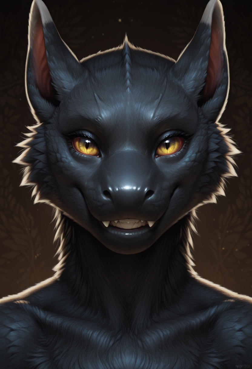 intricate details, high contrast, detailed background, beautiful detailed, detailed eyes, detailed face, photorealism, photorealistic, detailed fur, new, newest, n4rg4cug4, 1girl, solo, furry, anthro, dragon, yellow sclera, black fur, fangs, portrait, looking at viewer, smile, grin,  (masterpiece, best quality, newest, recent, absurdres),