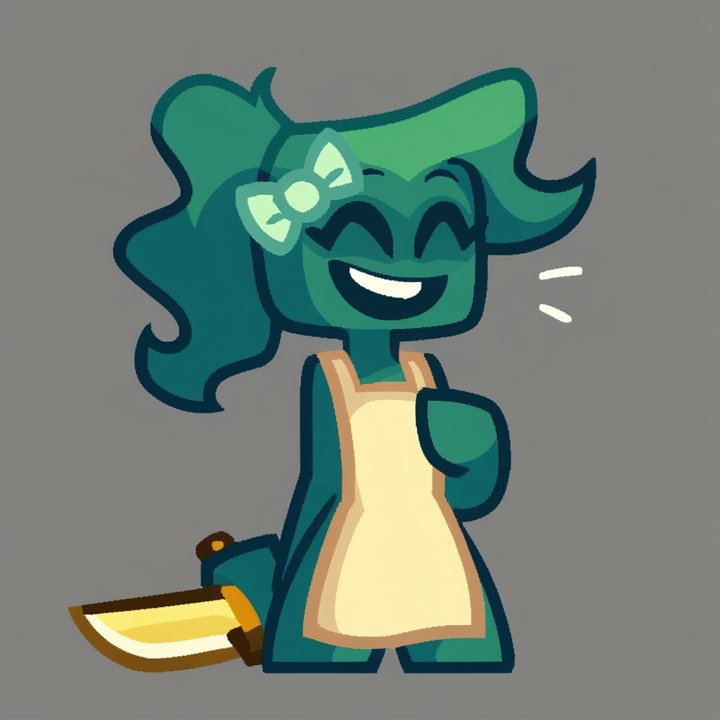 Score_9, score_8, score_7, score_6, source_cartoon, KintGurl, 1girl, solo, female focus, 2D, digital art, flat colors, clean lines, cartoonish, cartoon, Gradient shading, bold outlines, humanoid, square head, armless, disembodied hands, floating hands, Dark teal skinned female, Teal skin, colored skin, Black sclera, yellow eyes, circular eyes, no nose, no eyebrows, Ponytail, neckless, floating head, Tied hair, long hair, wavy hair, dark teal hair, teal hair, bow, bow on hair, light green bow, yellowish white apron, apron, full body, standing, Holding knife, holding weapon, holding, yellow knife, golden knife, smile, smiling, teeth, happy expression, happy, closed eyes, ^^, ^ ^, hand on chest, open mouth, angled view, gray background