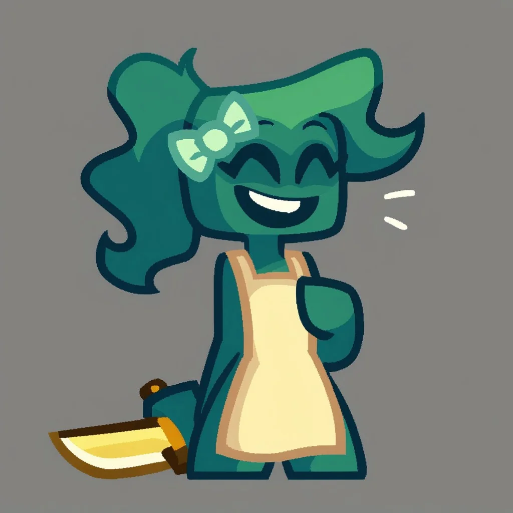 Score_9, score_8, score_7, score_6, source_cartoon, KintGurl, 1girl, solo, female focus, 2D, digital art, flat colors, clean lines, cartoonish, cartoon, Gradient shading, bold outlines, humanoid, square head, armless, disembodied hands, floating hands, Dark teal skinned female, Teal skin, colored skin, Black sclera, yellow eyes, circular eyes, no nose, no eyebrows, Ponytail, neckless, floating head, Tied hair, long hair, wavy hair, dark teal hair, teal hair, bow, bow on hair, light green bow, yellowish white apron, apron, full body, standing, Holding knife, holding weapon, holding, yellow knife, golden knife, smile, smiling, teeth, happy expression, happy, closed eyes, ^^, ^ ^, hand on chest, open mouth, angled view, gray background