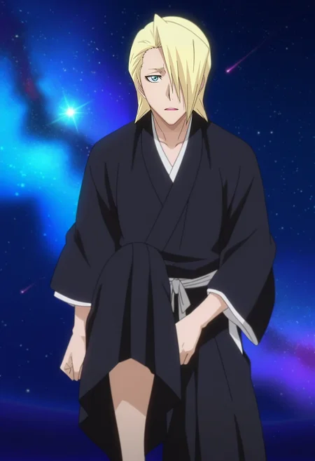 masterpiece, best quality, , anime screencap, anime coloring, official style, looking at viewer, 1boy, solo, male focus, <lora:izuru_kira_ilxl:1>, izuru_kira, blonde hair, blue eyes, short hair, hair over one eye, black kimono, focused, space, stars, midnight, one leg up, speaking, talking,