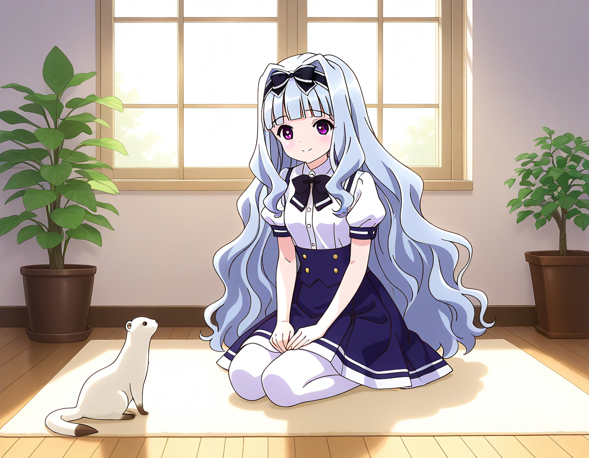 general,highres, ultra-detailed,very aesthetic,best quality ,best hands,  BREAK <lora:Watayuki_BP_IS:1>Watayuki(BP), 1girl,solo, hairband, very long hair, hair bow, purple eyes,  hair intakes, light blue hair, blunt bangs, wavy hair,
sitting, bow, shijou takane, skirt, pantyhose, seiza, indoors, school uniform, plant, white pantyhose, blue skirt, smile,
black bow, short sleeves, animal, solo focus, potted plant,  shirt, puffy sleeves,
three animals,  white_ferret,