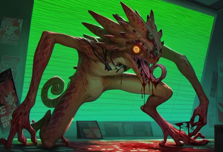 core_9, score_8_up, score_7_up, 1chameleon, solo, monster, multicolored scales, digitigrade legs, chameleon monster, crawling on ceiling, long tongue, video rental store, eating the spool of a VHS tape, psychedelic eyes, menacing, large, alien monster, animal, violent, blood, gore, realistic, scary eyes, horror, style of junji ito, crawling on the ceiling, tongue inside a VHS tape, creepy
