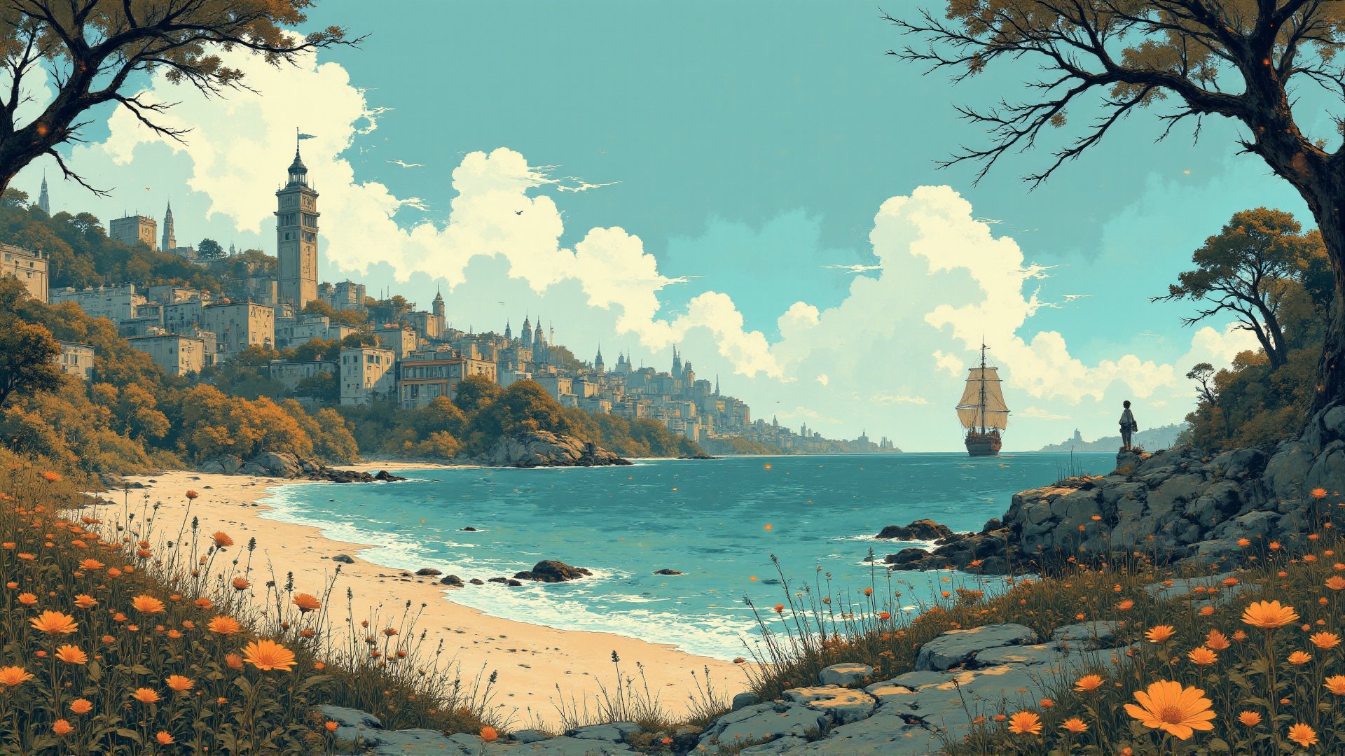 photograph from top of hill of a seashore stretches along the coast, with soft golden sand meeting the turquoise waves. In the distance, an old city rises, its stone buildings and narrow streets perched on the edge of a rocky hill. The architecture of the city is medieval, with sturdy stone walls, tiled rooftops, and tall towers, many adorned with banners or flags fluttering in the breeze. A port area with several large wooden docks juts out into the sea, where merchant ships and small fishing boats are anchored.\n\nOn the horizon, a majestic ship from the year 1600 sails gracefully in the water. The vessel is a tall, three-masted galleon, its hull made of dark, weathered wood with intricate carvings along the bow. The sails are white and billowing in the wind, adorned with the emblem of a merchant trading company, while ropes and rigging stretch across the masts. The ship is equipped with large cannons along the sides and looks ready for a long voyage. The scene evokes a sense of a thriving, yet still distant, era of exploration and trade, where the sea connects the city to far-off lands