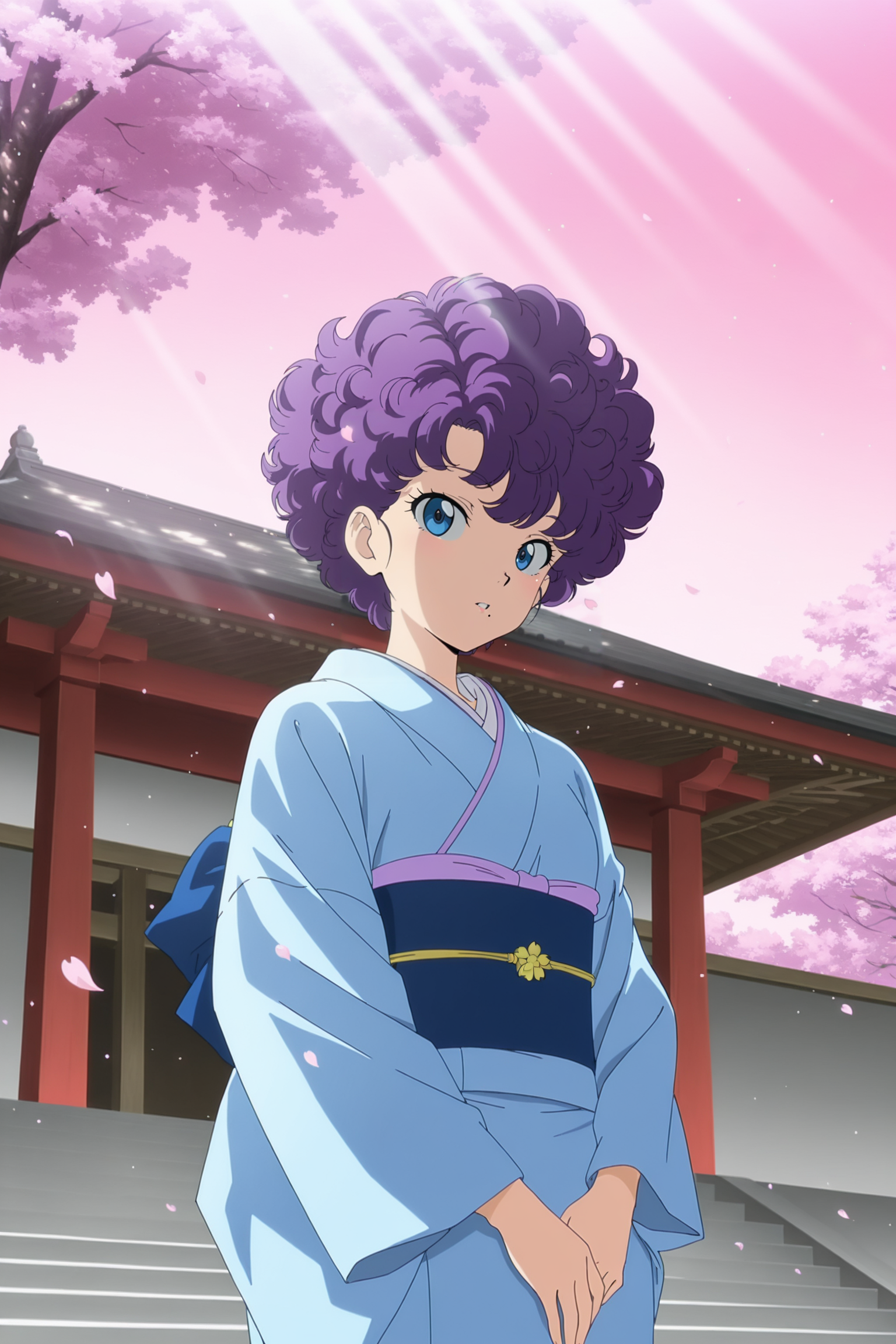 anime screencap, masterpiece, best quality, amazing quality, very aesthetic, absurdres,  newest, (scenery, volumetric lighting), dappled sunlight, light particles, light rays, 
official style, 1girl, solo, 
ranfan, short hair, curly hair, blue eyes, purple hair, mole under mouth,
kimono, temple, cherry blossoms, cowboy shot, obi, dutch angle, pink sky, cherry blossoms, falling petals, 
 <lora:Ranfan_IL:0.8>