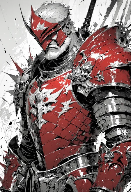 (score_9, score_8_up), score_7_up, zPDXL, <lora:MythM4ngaStyle:0.8>, knight, old man, power armor, red armor, black and red theme, monochrome, greyscale