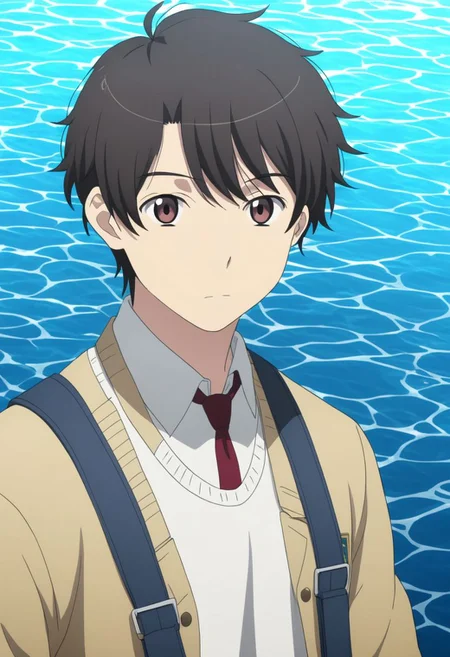 high resolution, solo, best quality, 1Boy, Inaho Kaizuka, Black Hair, Brown Eyes, pool, swim, shirtless, sixpack, shorts, looking at viewer, OverallDetail