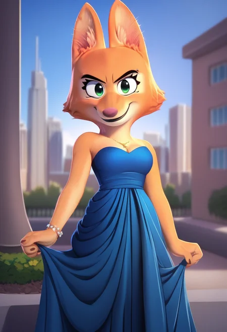 zPDXL, score_9,score_8_up,score_7_up,_up,source_cartoon, best quality, amazing quality, masterpiece, 1girl, looking at viewer, solo, fullbody, cute, blush, smile, <lora:DianeFoxington-03:1> , diane foxington, green eyes, orange fur, fox girl, fox tail, jewelry, blue dress, bracelet, flower on head, <lora:DankFlank:1>, dank flank, blue sky,city, park, skyline, contour_deepening,depth of field, huge filesize,wallpaper,background,(flat color),large breasts, blurry background