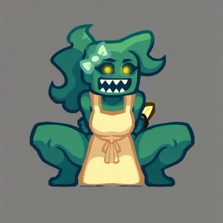 Score_9, score_8, score_7, score_6, source_cartoon, KintGurl, 1girl, solo, female focus, 2D, digital art, flat colors, clean lines, cartoonish, cartoon, Gradient shading, bold outlines, humanoid, square head, armless, disembodied hands, floating hands, Dark teal skinned female, Teal skin, colored skin, Black sclera, yellow eyes, circular eyes, no nose, no eyebrows, Ponytail, neckless, floating head, Tied hair, long hair, wavy hair, dark teal hair, teal hair, bow, bow on hair, light green bow, yellowish white apron, apron, full body, standing, glowing eyes, glowing yellow eyes, crouching, crouch, crouching pose, squatting, open mouth, teeth, hiding knife, hiding knife behind back, hand on floor, angled view, gray background