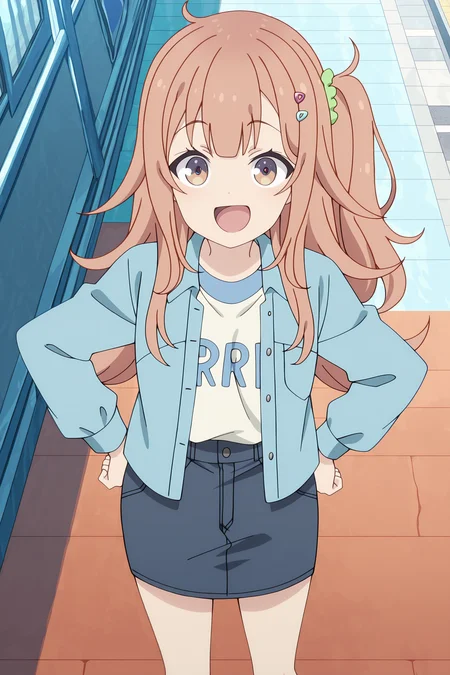 volumetric lighting, official style, amazing quality, ultra detailed, highres, detailed background, anime screenshot, anime screencap, anime coloring, masterpiece, detailed face,1girl <lora:Shinon_Ogawa__-20:0.9> Shinon Ogawa, Shinon Ogawa(Outfit 2), solo, denim skirt, denim skirt, smile, hair ornament, one side up, long hair, blue open collared shirt, purple and orange eyes, hand on hips, orange hair, looking at viewer, open mouth, denim, white shirt with blue letters, :d, blue open collared shirt, long sleeves, bangs, open clothes, scrunchie, outdoor, city, open jacket, hair scrunchie, standing, pencil skirt, cowboy shot, from above, pointing at viewer