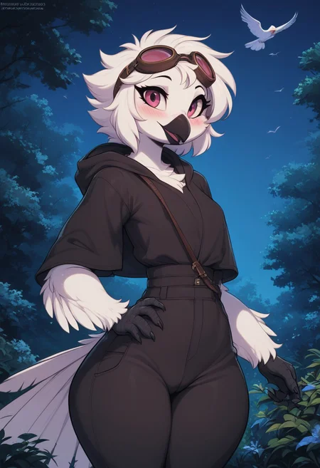 score_9, score_8_up, score_8, (fluffy:0.8), rated_explicit, furry, 1girl, (outdoors, night), female, (fluffy cheeks:0.7), j_cartoon, cute, (bird), (seductive, blushing), flat chest, wide hips, big ass, (pink eyes), (white hair, medium hair, bangs), (white feathers, white body), anthro,
tail, feathers, claws, furry female, body feathers, bird tail, snout, beak, bird girl, bird legs, feather hair,
black cloak, black pants, aviator goggles on forehead