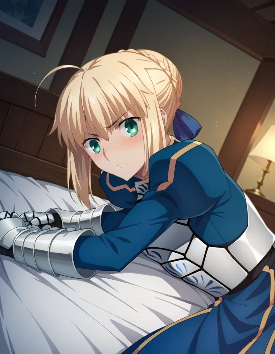 score_9, score_8_up, score_7_up, source_anime,
artoriapendragon, <lora:artoria-pendragon-hf-ponyxl-lora-nochekaiser:1>,
artoria pendragon, artoria pendragon \(fate\), saber, blonde hair, green eyes, ahoge, sidelocks,
hair bun, single hair bun, braid, dress, ribbon, hair ribbon, armor, gauntlets, armored dress,
indoors, bed, bed room, on side, blush, drunk,
looking at viewer, dutch angle,