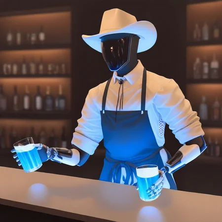 masterpiece, absurd res, best quality, newest, very aesthetic, 8k, TOptimus, robot, no face, full body, cowboy hat, apron, collared shirt, rolled sleeves, bar setting, bartender, serving drinks, holding glass, detailed background, ambient lighting, depth of field,