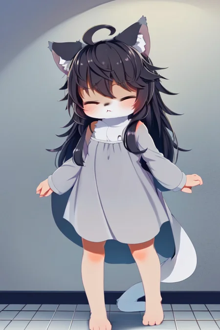 safe for work, (art by nefuraito336), (best quality:1.5), solo, furry girl, cat, ahoge, long hair, (cute round face), (grey fur), fluffy tail, ((nightdress)), ((half asleep)), ((walk in bathroom)),