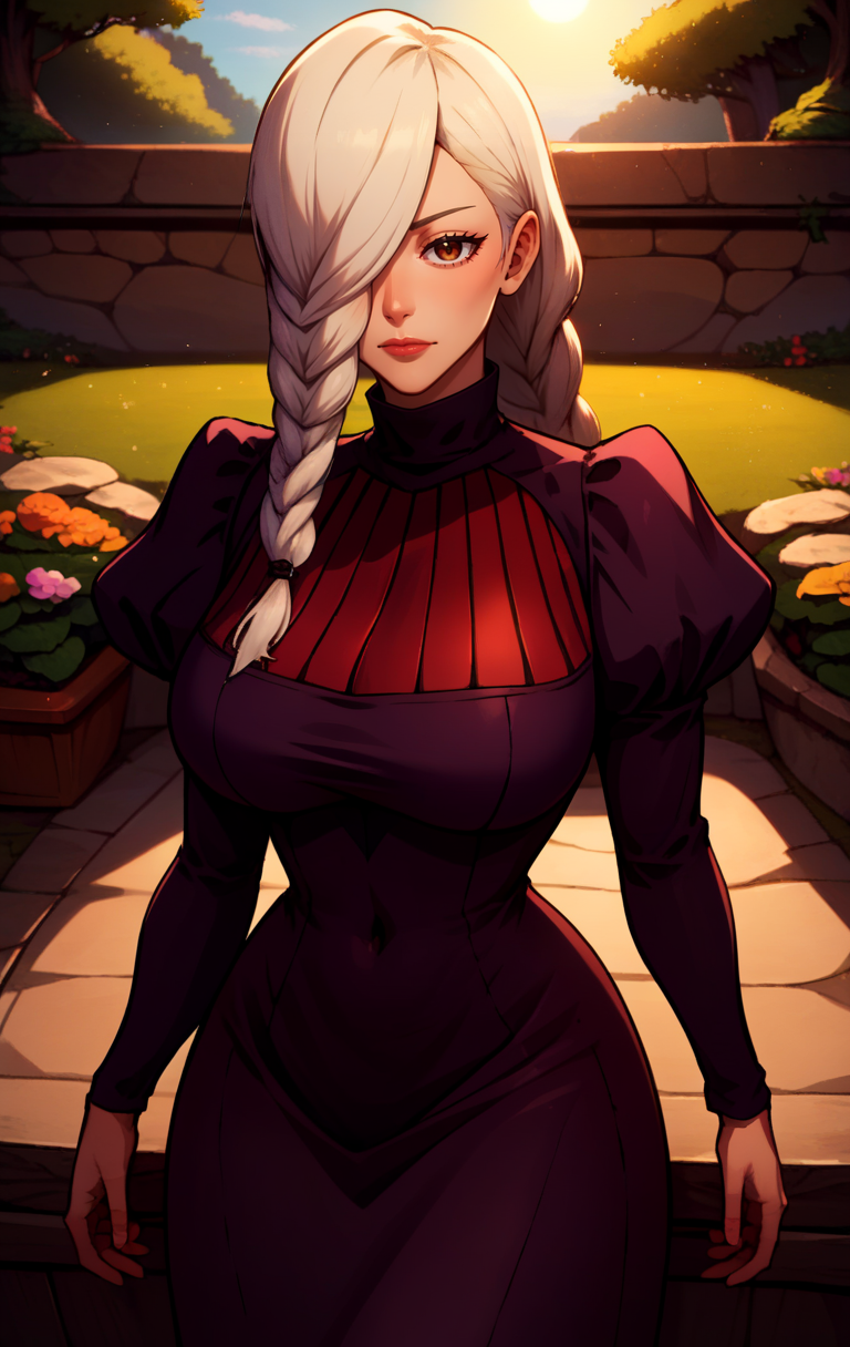 score_9, score_8_up, score_7_up, BREAK,   <lora:MeimeiSDXL:1> MeimeiSDXL, 1girl, solo, long hair, breasts, looking at viewer, large breasts, garden background, long sleeves, dress, brown eyes, closed mouth, braid, white hair, puffy sleeves,sun, hair over one eye, black dress, black covered navel, juliet sleeves,  braided ponytail, one eye covered, braided bangs, turtleneck dress, cowboy shot,