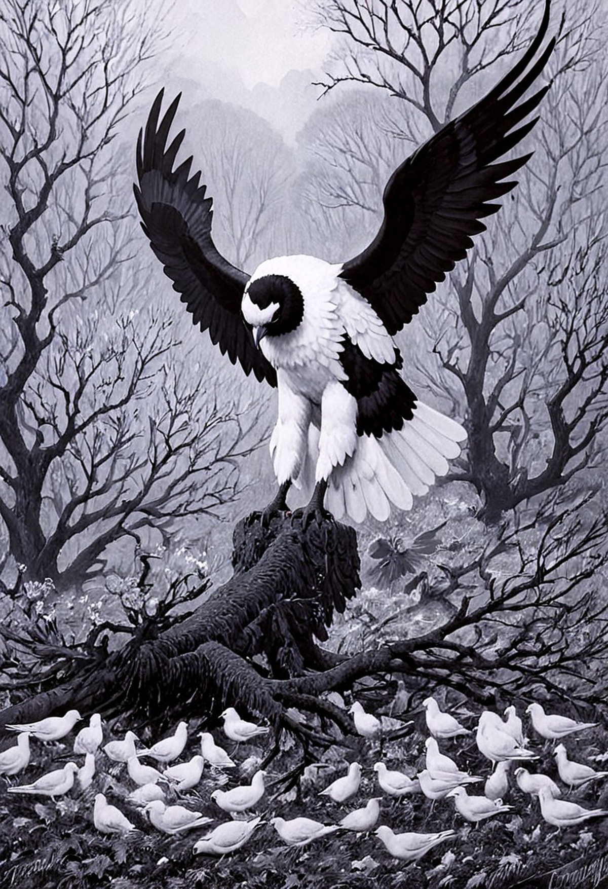 fallen angel, lost paradise, grief, somber, monochrome, by charles tunicliffe, painting, nature, birds