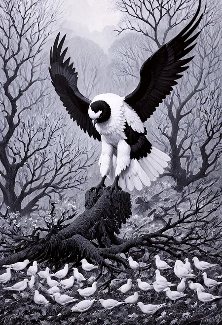 fallen angel, lost paradise, grief, somber, monochrome, by charles tunicliffe, painting, nature, birds