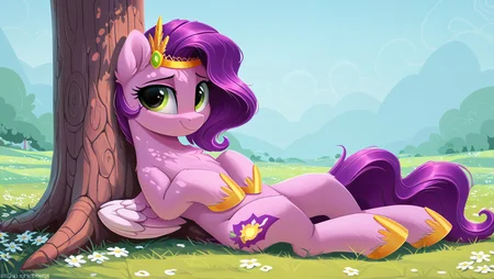 resolution, masterpiece, high resolution,solo , my little pony, friendship is magic, wild, , detailed background, , <lora:Pipp_Petals:1> pipp petals,PONY, PEGASUS, pink fur, purple hair, green eyes, white wings, gilded hooves, golden tiara, sits leaning back against a tree, charms sits on ground, holds flowers, hugs chest, cheerful, happy,