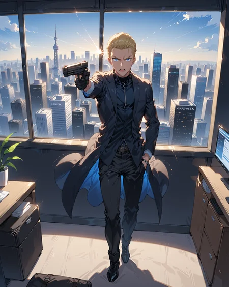 score_9, score_8_up, score_7_up, score_6_up, source_anime, rating_explicit, ah1, best quality, (masterpiece:1.4), (high quality:1.4), sharp focus, 4k, absurd resolution, <lora:albertwesker-guy-PONYv1:0.8> albertwesker, albert wesker, 1boy, solo, blonde, black gloves, sunglasses, belt, pants, black coat, black pants, looking at viewer, toned, athletic, fit, slicked back hair, black turtleneck, zipper, mature male, (graphene textured clothes), black boots, (a modern office space with sleek furniture, glass walls, and a view of the city skyline, where the ambiance is professional and bustling with activity), bad-hands-5, ((surprised, wide-open eyes, looking at viewer, making eye contact expression)), <lora:xl_more_art-full_v1:0.4>, <lora:shinyskin2:0.3> glistening skin, <lora:aesthetic_anime_v1s:0.4>, <lora:Expressive_H:0.4> Expressiveh, <lora:hairdetailpxl:0.4> hairdetailpxl, <lora:EpicF4nta5yXL:0.4>, <lora:detailxl:0.4> detailxl, <lora:Fant5yP0ny:0.4>, (focused, intense glare), slit pupils, short hair, (blue eyes), <lora:YusufDikecGunPose_pdxl_Incrs_v1:0.8> holding weapon, holding gun, handgun, hand in pocket, aiming, full body, illustration, Volumetric_Lighting, ultra-detailed, very aesthetic, intricate details, absurdres, 8k, masterpiece, best_quality,