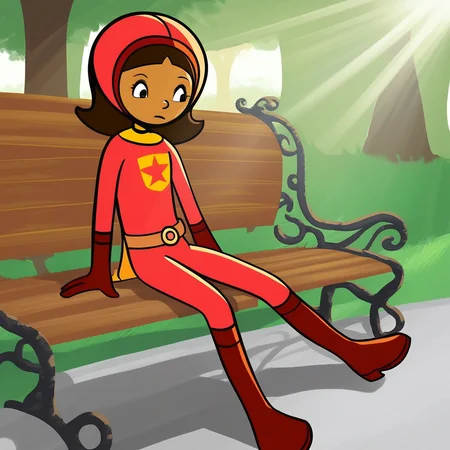 score_9, solo, wordgirl, brown hair, dark skin, bodysuit, gloves, belt, boots, sitting, park bench, tree, sunlight, shadows, natural lighting