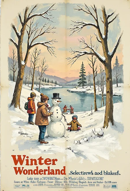 Clip L mvpstrCE style, seusiancartoon, sketch painting, Movie poster, text: "Winter Wonderland",
watercolor style, children's book illustration, winter landscape with snow-covered trees and a serene lake, a group of children building a snowman, soft pastel colors, warm sunlight filtering through the bare branches, cozy and whimsical atmosphere, highly detailed, 4k resolution Clip G mvpstrCE style, seusiancartoon, sketch painting, Movie poster, text: "Winter Wonderland",
watercolor style, children's book illustration, winter landscape with snow-covered trees and a serene lake, a group of children building a snowman, soft pastel colors, warm sunlight filtering through the bare branches, cozy and whimsical atmosphere, highly detailed, 4k resolution