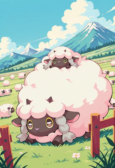 S4bit4mago_illu, anime style, s0wasow4rt_illu, masterpiece, newest, best quality, high quality, highres, absurdres, concept, extremely detailed, cartoon style, detailed plants, fluffy sheep wooloo, fluffy sheep mareep, sunny blue sky, blurry foreground, cloud, green field, horizontal pupils, mountain, no humans, on grass, outdoors, cute pokemon \(creature\), sheep, wooden fence, too many sheep, anime style flat color,